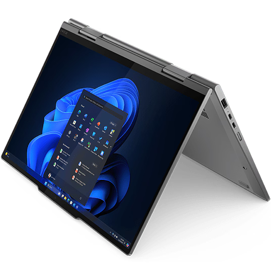 Tent mode view of the storm grey Lenovo ThinkPad X1 2-in-1 Gen 10 AURA Edition folded on its 360-degree hinges, displaying Windows 11 on the 14-inch WUXGA touchscreen screen with visible side profiles.