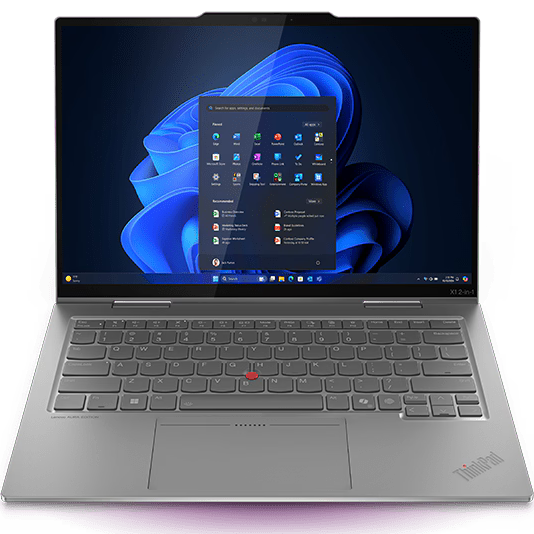 Direct front-facing view of the open storm grey Lenovo ThinkPad X1 2-in-1 Gen 10 AURA Edition showcasing its 14-inch touchscreen display running Windows 11, thin bezels with top camera notch, and grey keyboard deck with red TrackPoint.
