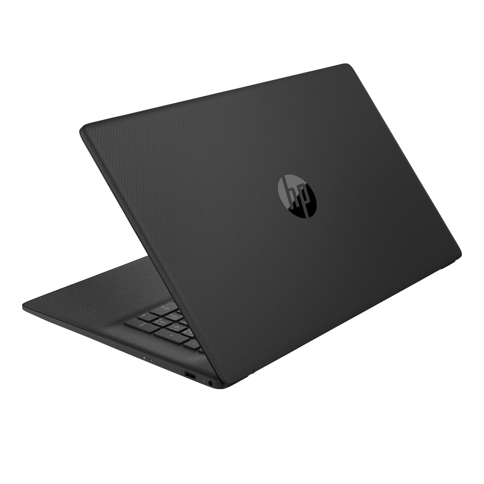 Rear-left perspective view of the open textured black HP 17T-CN400 laptop highlighting its textured dark lid with a centered dark metallic HP logo, drop-down hinge mechanism, and side connectivity ports.