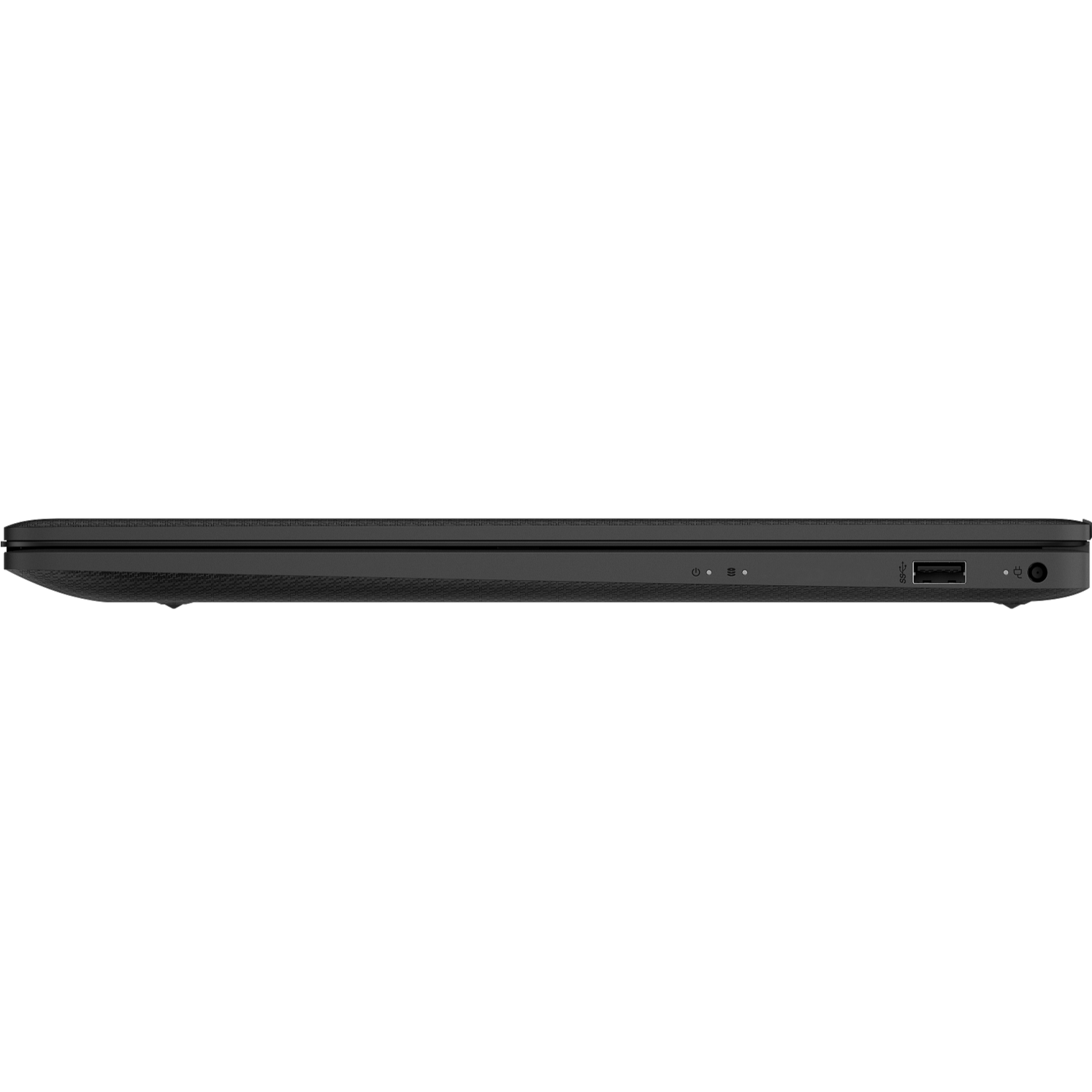 Direct right-side profile view of the textured black HP 17T-CN400 laptop showcasing its side I/O layout featuring status indicator LEDs, a USB Type-A port, and a round barrel AC power connector port.