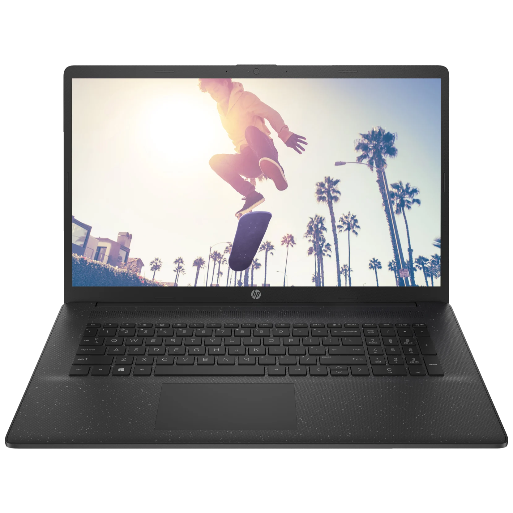 Direct front-facing view of the open textured black HP 17T-CN400 laptop displaying its 17.3-inch HD+ screen, top webcam and microphone array, full-sized keyboard with a numeric keypad, and wide touchpad.